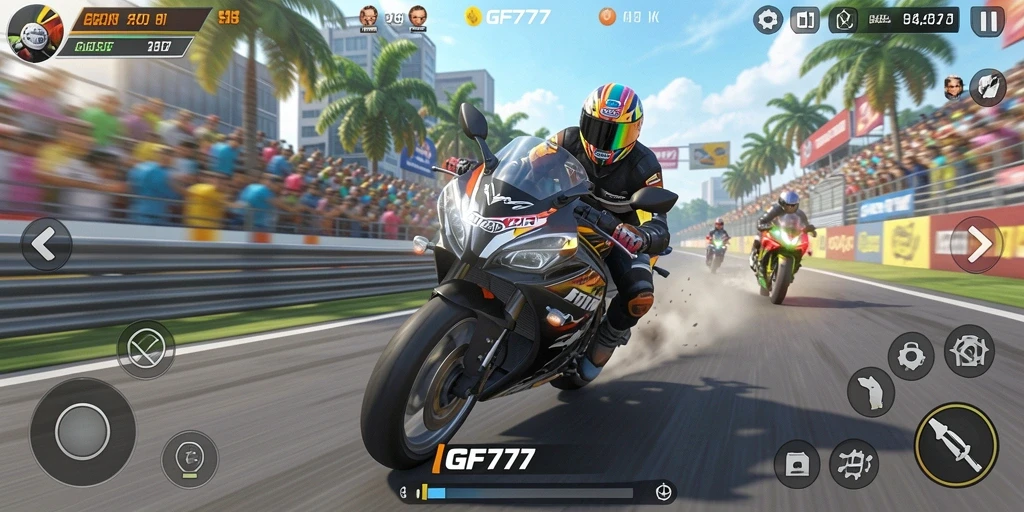 Screenshot utama GF777 menampilkan aksi balapan motor yang cepat.