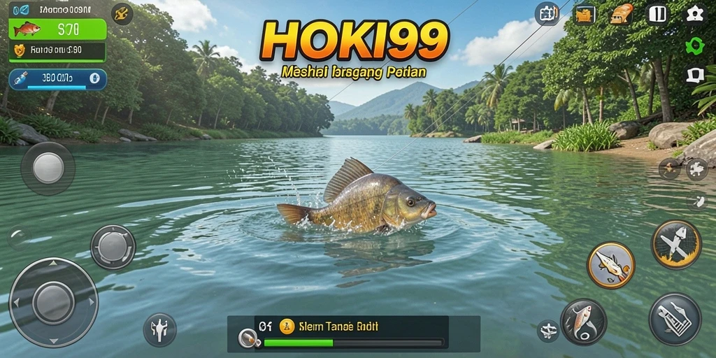 Screenshot gameplay HOKI99 menampilkan pemain yang sedang memancing ikan besar.